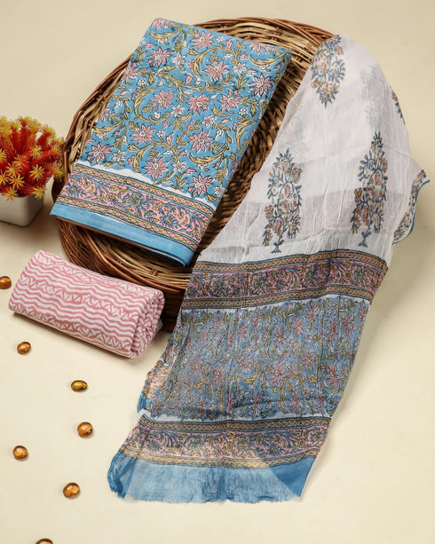 Jaal Hand Block Print Cotton Suit Set with Chiffon Dupatta (PCHF34)